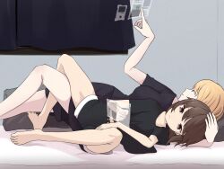  2girls arm_pillow barefoot bed black_shirt black_shorts blonde_hair breasts brown_eyes brown_hair closed_mouth commentary_request curtains hand_in_another's_hair highres holographic_interface interlocked_legs iwoillust large_breasts lying maribel_hearn midriff multiple_girls navel on_back open_mouth parted_lips pillow purple_shorts shirt short_sleeves shorts touhou usami_renko violet_eyes yellow_eye 