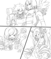 1girl 2boys 4boys animal_ear_fluff anpolly bare_shoulders closed_eyes closed_mouth commentary_request crying detached_sleeves dragoon_(sekaiju) dragoon_4_(sekaiju) drooling hair_between_eyes holding holding_paper holding_photo katana long_hair looking_at_viewer masurao_(sekaiju) masurao_3_(sekaiju) mouth_drool multiple_boys open_mouth paper photo_(object) pointy_ears reaper_(sekaiju) reaper_1_(sekaiju) sekaiju_no_meikyuu sekaiju_no_meikyuu_3 sekaiju_no_meikyuu_5 short_hair single_wing sovereign_(sekaiju) sovereign_3_(sekaiju) sparkle squeans sword warlock_(sekaiju) warlock_1_(sekaiju) weapon wings 