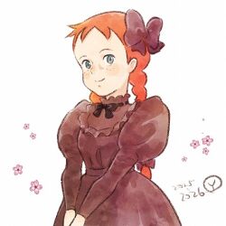  1girl aged_down anne_of_green_gables anne_shirley blush braid braided_ponytail dress flower freckles frilled_dress frilled_sleeves frills grey_eyes hair_ribbon long_hair long_sleeves looking_at_viewer lowres orange_hair own_hands_together petals red_dress red_hair ribbon sakai_yume simple_background smile solo twin_braids twintails 