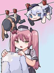  3girls blue_eyes blush_stickers brown_hair chibi clothes_pin clothesline goddess_of_victory:_nikke green_eyes grey_hair hanging hanging_from_clothesline highres long_hair miranda_(nikke) multiple_girls pink_hair poli_(nikke) police police_uniform policewoman quiry_(nikke) rogue_dojeog simple_background squinting twintails 