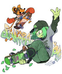  1girl 1other aizawa_sachi alternate_costume animal_ears baseball_cap beanie blue_pants boxing_gloves buck_teeth colored_skin commentary dated deltarune denim earrings english_commentary english_text food_print fruit_print green_(deltarune) green_hair green_hat green_pants green_shoes green_skin hat jeans jewelry mouse_ears mouse_girl mouse_tail orange_(deltarune) orange_fur orange_print pants red_shoes shirt shoes short_hair signature skates sleeves_past_wrists smile sneakers striped_clothes striped_shirt tail teeth utdr_(toby_fox) 