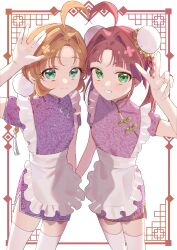  2girls :d absurdres ahoge akechi_anna alternate_costume alternate_hairstyle apron aqua_eyes blunt_bangs blunt_ends border braid bun_cover chinese_clothes closed_mouth commentary cowboy_shot double_bun dress fingernails frilled_apron frills gold_trim green_eyes grin hair_bun hair_intakes hair_ornament hand_up highres inset_border kobayashi_mikuru komori_(mmmi1ove) legs_apart long_hair looking_at_viewer meitantei_precure! multiple_girls orange_hair outside_border pankou parted_bangs pink_dress precure puffy_short_sleeves puffy_sleeves purple_dress purple_hair qipao raised_eyebrows salute shanghai_neckline short_dress short_sleeves side-by-side side_slit silver_trim smile thick_eyebrows thigh-highs v vulcan_salute waist_apron white_apron white_background white_thighhighs zettai_ryouiki 