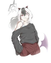  1girl absurdres black_hair black_shirt blue_archive brown_pants closed_mouth commentary_request cropped_legs floating_hair halo hand_in_pocket highres horns kayoko_(blue_archive) long_hair long_sleeves low_wings maroron_g multicolored_hair off_shoulder pants ponytail purple_wings red_eyes shirt simple_background single_wing solo two-tone_hair very_long_hair white_background white_hair wings 