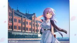  1girl absurdres alternate_costume arm_behind_back arm_up bare_arms belt black_belt black_jacket blue_dress blue_sky book building collared_dress commentary_request dress glasses gold_necklace green_eyes grey_hair heaven_burns_red highres holding holding_book izumi_yuki jacket jacket_on_shoulders jewelry key_(company) location_request long_hair looking_at_viewer necklace official_art open_clothes open_jacket round_eyewear sky sleeveless sleeveless_dress solo star_(symbol) star_necklace 