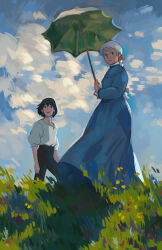  1boy 1girl absurdres black_eyes black_hair blue_dress blue_sky bow braid braided_ponytail clouds commentary dress earrings english_commentary fine_art_parody grass hair_bow highres holding holding_umbrella howl_(howl_no_ugoku_shiro) howl_no_ugoku_shiro jewelry long_hair parasol parody puffy_sleeves sky smile sophie_hatter_(howl_no_ugoku_shiro) squidwithelbows tall_grass umbrella white_hair woman_with_a_parasol 