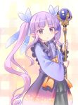  1girl blue_kimono blue_ribbon blush brown_eyes cowboy_shot elf frilled_kimono frills hair_ribbon holding holding_staff japanese_clothes kawaseki kimono kyouka_(princess_connect!) long_hair long_sleeves looking_at_viewer pointy_ears princess_connect! purple_hair ribbon sidelocks solo staff twintails very_long_hair wide_sleeves 