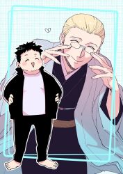  2boys aqua_background barefoot black_hair black_kimono blonde_hair brothers closed_eyes commentary_request fat fat_man hair_slicked_back hands_on_own_hips haori highres hiwomus japanese_clothes kagemori_asuma kagemori_hikaru kimono light_smile multiple_boys obese open_mouth pants siblings sweater sweatpants white_haori yomi_no_tsugai 