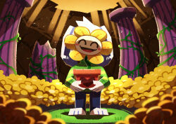  1boy absurdres animal_ears asriel_dreemurr barefoot black_pants column commentary_request dual_persona flower flower_pot flowery_(deltarune) furry furry_male grass green_sweater highres holding holding_flower_pot long_sleeves male_focus pants pillar plant potted_plant solo spoilers standing sweater undertale utdr_(toby_fox) vines watawata22 