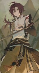  1boy absurdres ahoge bamboo blurry blurry_background closed_mouth commentary cowboy_shot english_commentary genshin_impact green_eyes hair_between_eyes hakama hakama_shorts highres holding holding_weapon japanese_clothes jitte long_hair looking_at_viewer low_ponytail male_focus mole mole_under_eye no_pupils ponytail red_hair shikanoin_heizou shirt shorts solo sparrow4193941 weapon white_shirt 