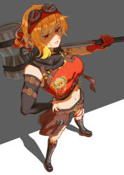  1girl absurdres barong_jewelry belt black_boots black_shorts blonde_hair boots brown_belt chest_belt closed_mouth colored_shoe_soles commentary crop_top cropped_sweater double-parted_bangs earrings english_commentary fiyaa_(pakkoshii) foreshortening full_body gloves goggles goggles_on_head hairband hammer highres holding holding_hammer hololive hololive_indonesia hood hooded_coat jewelry kaela_kovalskia kaela_kovalskia_(4th_costume) knee_boots lace-up_boots looking_at_viewer making-of_available mallet medium_hair midriff navel o-ring o-ring_thigh_strap open_clothes open_mouth over_shoulder pouch red-tinted_eyewear red_background red_eyes red_gloves red_hairband red_sweater ribbed_sweater ring shaded_face short_shorts shorts simple_background single_earring single_glove single_sidelock sleeveless sleeveless_sweater sleeves_past_wrists smile solo straight-on sweater swept_bangs tachi-e thigh_pouch thigh_strap thighlet tinted_eyewear transparent_background underbust virtual_youtuber 
