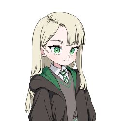  1girl black_robe blonde_hair commentary deformed diagonal-striped_clothes diagonal-striped_necktie genderswap genderswap_(mtf) green_eyes green_necktie grey_sweater_vest harry_potter_(series) highres hogwarts_school_uniform long_hair malfoid necktie robe school_uniform sh17 shirt simple_background smile solo striped_clothes striped_necktie sweater_vest upper_body white_background white_shirt wizarding_world 