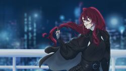 1girl ange_katrina ange_katrina_(9th_costume) belt black_belt black_coat black_corset black_shirt blurry blurry_background breasts brown-framed_eyewear cityscape coat coat_on_shoulders collared_shirt commentary_request corset eyewear_strap floating_hair glasses grey_coat hair_over_one_eye hand_up highres lapel_pin lapels long_bangs long_hair looking_at_viewer momose_ryune night nijisanji notched_lapels railing red_hair removing_hair_tie round_eyewear shirt shirt_tucked_in signature single_hair_intake sleeves_past_wrists small_breasts solo two-sided_coat two-sided_fabric unlit_cigarette_in_mouth upper_body violet_eyes virtual_youtuber 