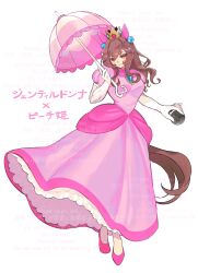  1girl absurdres animal_ears blue_gem blush brown_hair commentary_request cosplay crown dress earrings full_body gem gentildonna_(umamusume) gloves grin hair_between_eyes highres holding holding_umbrella horse_ears horse_girl horse_tail jewelry long_hair metal_ball parasol pink_dress pink_shoes princess_peach princess_peach_(cosplay) red_eyes shoes simple_background smile solo sphere_earrings sugomori_tsuru_(hana_tsuru_wo) tail too_many_watermarks translation_request umamusume umbrella watermark wavy_hair white_background white_gloves 