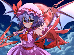  1girl ascot back_bow bat_wings blue_hair blush bow brooch closed_mouth clouds commentary_request fang fingernails frilled_wrist_cuffs frills full_moon hat hat_ribbon holding holding_polearm holding_weapon jewelry long_fingernails looking_at_viewer mob_cap moon new_kamiyan night pink_hat pink_shirt pink_skirt pointy_ears polearm red_ascot red_bow red_eyes red_moon red_nails red_wrist_cuffs remilia_scarlet ribbon sharp_fingernails shirt skin_fang skirt skirt_set smile solo spear spear_the_gungnir touhou weapon wings wrist_cuffs 