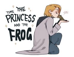  1girl animal blonde_hair blue_pants chinese_commentary closed_eyes coat commentary_request copyright_name doctor_who earclip earrings english_text frog from_side grey_coat highres holding holding_animal hood hood_down jewelry juanmao kiss kissing_animal kneeling long_sleeves pants parody profile short_hair simple_background solo star_(symbol) star_earrings the_doctor_(doctor_who) the_princess_and_the_frog_(disney) thirteenth_doctor_(doctor_who) white_background 