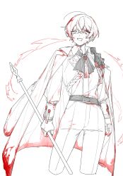  1boy absurdres ahoge armor ascot blood blood_in_hair blood_on_face coat coat_on_shoulders cowboy_shot crying greyscale highres limbus_company long_sleeves male_focus monochrome n_corp._fanatic_(identity)_(project_moon) open_mouth pants pauldrons project_moon rope rw0419 shoulder_armor sinclair_(project_moon) single_pauldron smile solo spot_color sweat talisman wax_seal 