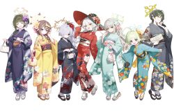  6+girls ahoge bag black_gloves black_kimono blonde_hair blue_archive bow braid brown_hair brown_halo closed_eyes eri_(blue_archive) fingerless_gloves floral_print floral_print_kimono flower furisode fuyu_(blue_archive) gloves green_eyes green_hair green_halo green_kimono grey_hair grey_kimono hair_bow hair_flower hair_ornament hair_over_one_eye hairband halo handbag hat highres japanese_clothes kanoe_(blue_archive) kimono leaning_forward long_hair long_sleeves looking_at_viewer miyo_(blue_archive) multicolored_eyes multicolored_hair multiple_girls obi official_art open_mouth orange_eyes pouch print_kimono purple_kimono red_kimono rena_(blue_archive) ritsu_(blue_archive) sandals sash short_hair streaked_hair tabi transparent_background tsumugi_(blue_archive) two-tone_eyes violet_eyes white_hair whoisshe wide_sleeves witch_hat yellow_eyes yellow_kimono zouri 