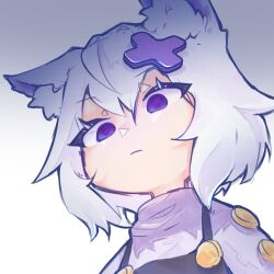  1girl animal_ear_fluff animal_ears cat_ears cat_girl closed_mouth commentary empty_eyes english_commentary eyelashes filian_(vtuber) gradient_background hair_between_eyes hair_ornament highres indie_virtual_youtuber mint_(vrchat) mower_max portrait serious short_hair simple_background solo violet_eyes virtual_youtuber white_background white_hair x_hair_ornament 