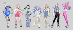  2boys 5girls absurdres boots commentary_request criss-cross_halter girl_crush halterneck highres im_minchae jang_jiwoo lee_jahwan lineup lips long_sleeves loose_socks momose_tenka multiple_boys multiple_girls narrow_waist pants sam_sua satou_erian shoes shorts sneakers socks tayama_midori torn_clothes torn_pants 