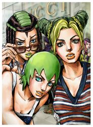  2boys 3girls absurdres adjusting_eyewear alternate_costume aqua_eyes araki_hirohiko_(style) arm_warmers blue_eyes boots braid braided_base breasts brown_boots brown_hair bun_with_braided_base collarbone commentary_request cone_hair_bun double_bun dreadlocks ermes_costello eyelashes fishnets foo_fighters_(jojo) green_hair green_lips hair_bun hand_on_eyewear hat highres jojo_no_kimyou_na_bouken kaib0y kujo_jolyne kujo_jotaro long_hair looking_at_viewer multicolored_hair multiple_boys multiple_girls narciso_anasui orange_lips overalls parted_lips peaked_cap pink_eyes pink_hair pink_lips purple_hat raised_eyebrow shirt short_hair stone_ocean striped_clothes striped_shirt sunglasses teeth two-tone_hair 