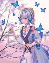 1girl back_ribbon black_dress blue_butterfly blue_dress blue_eyes blue_hair blue_ribbon blunt_bangs blunt_tresses bow braid braided_hair_rings branch bug butterfly butterfly_hair_ornament collar colored_eyelashes cowboy_shot detached_collar dress flower genshin_impact gold_trim hair_flower hair_ornament hair_rings hat hat_flower hat_ornament hat_ribbon highres holding holding_branch kamisato_ayaka kamisato_ayaka_(springbloom_missive) leaf_hat_ornament long_sleeves mole mole_under_eye mwochaa neck_tassel pink_flower pink_ribbon ribbon shoulder_ribbon skirt solo tassel two-tone_dress white_collar white_flower white_ribbon white_skirt white_sleeves yellow_flower 