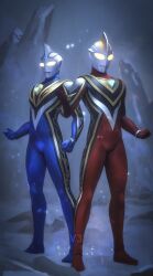  2boys alien black_skin blue_gem blue_skin bracelet canyon castlings chest_guard clenched_hand color_timer colored_skin commentary compound_eyes dorsal_fin forehead_jewel full_body gem giant giant_male glowing glowing_eyes gold_trim grey_sky hand_up highres jewelry legs_apart light_particles looking_ahead looking_at_viewer male_focus multicolored_skin multiple_boys no_pupils outdoors pectorals red_skin redesign side-by-side silver_skin sky standing tokusatsu toned toned_male ultra_series ultraman_agul ultraman_gaia ultraman_gaia_(series) white_eyes 