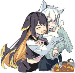 2girls animal_ears bang_dream! bang_dream!_our_notes black_hair blonde_hair blush closed_eyes closed_mouth commentary cooking cooking_pot dog_ears dog_tail food hug hug_from_behind kemonomimi_mode ladle long_hair long_sleeves mahashi_miku midriff multicolored_hair multiple_girls open_mouth puff_of_air simple_background sleeves_past_wrists soup suga_raika tail two-tone_hair untranslatable_commentary white_background white_hair xiao_sui_shi_zhi_lang yuri 