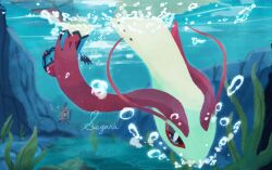  air_bubble black_eyes bubble colored_sclera feebas milotic no_humans pokemon pokemon_(creature) red_sclera river seaweed seyana_(seyanaillust) signature underwater 