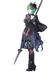 1girl absurdres armor black_boots black_dress black_hat boots breasts commentary commission dress english_commentary fire_emblem fire_emblem:_fortune's_weave fishnet_pantyhose fishnets gloves green_eyes green_hair hat highres holding holding_polearm holding_weapon mini_hat ninae_(fire_emblem) pantyhose pixiv_commission polearm short_hair shoulder_armor silvercandy_gum simple_background small_breasts solo weapon white_background 