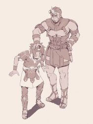  2boys absurdres beard cai_castor commentary_request facial_hair fire_emblem fire_emblem:_fortune's_weave full_body greyscale guzran_(fire_emblem) hand_on_another's_head highres male_focus monochrome multicolored_hair multiple_boys mumumi ruffling_hair sandals scar scar_across_eye scar_on_face sheath sheathed sword weapon white_background 