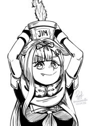  1girl cactus commentary english_commentary fang gloves hair_flaps high_contrast highres inktober kantai_collection looking_at_viewer monochrome neckerchief one-hour_drawing_challenge plant potted_plant ron_(pixiv83091338) sailor_collar sailor_shirt scarf school_uniform serafuku shirt smile solo upper_body yuudachi_(kancolle) 