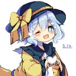  1girl ;d black_headwear bow commentary dated grey_eyes grey_hair hat hat_bow heart heart_hands highres koishi_day komeiji_koishi long_sleeves looking_at_viewer omochinegi one_eye_closed pixel_art short_hair simple_background smile solo touhou upper_body white_background yellow_bow 
