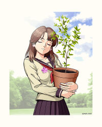  1girl black_sailor_collar black_skirt blue_sky breasts brown_hair brown_shirt closed_eyes clouds commentary earrings english_commentary flower_earrings flower_pot holding holding_flower_pot jewelry jose_salot long_sleeves medium_breasts neckerchief original plant potted_plant red_neckerchief sailor_collar school_uniform serafuku shirt skirt sky smile solo tree twitter_username upper_body 