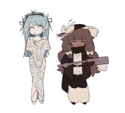  2girls air_zizon blue_hair brown_hair brown_hat brown_jacket brown_scarf colored_skin dark-skinned_female dark_skin dress eunoia_(frozen_soul) frozen_soul full_body hat holding_net jacket long_hair low-tied_sidelocks multiple_girls nashatra_bealdhild roblox scarf sidelocks simple_background very_long_hair white_background white_dress white_skin 