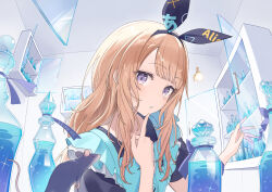  1girl :o alice's_adventures_in_wonderland alice_(alice_in_wonderland) apron aqua_apron black_hairband black_ribbon black_shirt blonde_hair bow_hairband buttons cabinet commentary_request finger_to_own_chin frilled_apron frills glass_bottle hair_ribbon hairband hands_up head_tilt index_finger_raised indoors long_hair looking_at_viewer looking_to_the_side mouse_(animal) parted_lips ribbon shirt short_sleeves sideways_glance solo swept_bangs upper_body violet_eyes wakuseiy wall_lamp 