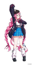  1girl aneco_(westsea1227) animal_ears black_cardigan black_choker bow braid breasts cardigan chest_harness choker cross-laced_clothes cross-laced_sleeves hair_ornament hairclip harness highres holojustice hololive hololive_english large_breasts long_hair long_sleeves multicolored_hair official_art open_mouth panther_ears panther_girl panther_tail parallel_hairclips pink_hair pink_tail raora_panthera raora_panthera_(casual) shirt single_hair_streak skirt snow_leopard_girl solo tail tail_strap very_long_hair virtual_youtuber white_shirt 