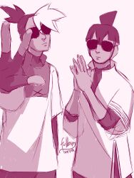  2boys absurdres artist_name black_hair blonde_hair cal_(electro_andes) commentary electro_andes fulbiturra highres multicolored_hair multiple_boys shirt signature sunglasses two-tone_hair 