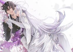  1boy 1girl 86_-eightysix- absurdres antenna_hair black_hair black_jacket blood blood_from_mouth braid commentary_request dress fangs gloves grey_eyes grey_hair highres holding_hands jacket long_hair long_sleeves looking_at_viewer lying lying_on_person pants petals qian_chen red_eyes shinei_nouzen short_hair vampire vladilena_millize white_background white_dress white_gloves white_pants 