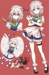  2girls apron black_shoes blue_dress blush bow braid brown_hair closed_mouth commentary_request danmaku dated detached_sleeves dress embodiment_of_scarlet_devil full_body green_bow grey_hair grin hair_bow hair_tubes hakurei_reimu highres holding holding_knife izayoi_sakuya knife long_hair looking_at_viewer maid maid_headdress mary_janes multiple_girls official_alternate_costume oito_(bowstringsmall) pinafore_dress red_background red_bow red_eyes ribbon-trimmed_sleeves ribbon_trim shaded_face shirt shoes simple_background sleeveless sleeveless_dress smile socks thigh_strap touhou twin_braids twitter_username waist_apron wavy_mouth weapon_in_garters white_apron white_shirt white_socks 