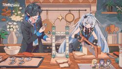  1boy 1girl amber_(stella_sora) black_gloves black_hair blue_dress blue_eyes blue_hairband blue_necktie bowl bread bread_slice button_dress checkered_clothes checkered_dress checkered_hairband coat_dress commentary cookie cooking copyright_name copyright_notice dress dress_shirt female_tyrant_(stella_sora) flower flower_pot food frying_pan gloves grey_hair hair_ornament hair_over_one_eye hairband highres holding holding_food holding_saw hood hood_down hooded_jacket iris_(stella_sora) jacket keishin kitchen knife layered_dress long_hair long_sleeves male_tyrant_(stella_sora) mixing_bowl necktie noya_(stella_sora) official_art open_clothes open_mouth oven pants plaid_clothes plaid_necktie plant pointy_ears popped_collar potted_plant saw second-party_source shirt short_dress short_hair sleeveless sleeveless_dress stella_sora sweatdrop thigh-highs tyrant_(stella_sora) very_long_hair white_shirt white_thighhighs 