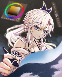  1girl absurdres artist_name blonde_hair blue_eyes closed_mouth collarbone commentary english_commentary fingernails grey_nails hair_between_eyes hair_ornament highres holding holding_stylus jewelry long_hair looking_at_viewer nail_polish necklace original sky solo sowon_(sowonhae) star_(sky) starry_sky stylus upper_body user_interface x_hair_ornament 