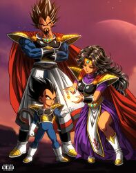  1girl 2boys absurdres black_hair ch_nadhir child commentary dragon_ball dragon_ball_super english_commentary father_and_child highres king_vegeta long_hair mother_and_child multiple_boys muscular muscular_male outdoors parent_and_child sky vegeta very_long_hair 