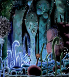  1girl armor bioluminescence blue_gloves brown_hair commentary_request forest gloves glowing glowing_mushroom in-universe_location kaze_no_tani_no_nausicaa lowres nature oekaki outdoors plant polearm rusasica scenery spear spores studio_ghibli tree weapon 