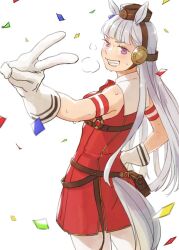  1girl animal_ears blunt_bangs breasts brown_hat chanosuke confetti dress gloves gold_ship_(red_strife)_(umamusume) gold_ship_(umamusume) grey_hair grin hand_on_own_hip hat heavy_breathing horse_ears horse_girl horse_tail long_hair looking_at_viewer looking_back medium_breasts pantyhose pillbox_hat red_dress simple_background sleeveless sleeveless_dress smile solo sweat tail umamusume very_long_hair violet_eyes white_background white_gloves white_pantyhose 