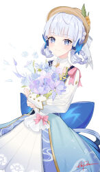  1girl absurdres back_ribbon blue_bow blue_butterfly blue_dress blue_eyes blue_flower blue_hair blue_ribbon blunt_bangs blunt_tresses blush boater_hat bouquet bow braid braided_hair_rings brown_hat bug butterfly butterfly_hair_ornament collar commentary_request cowboy_shot detached_collar dress explain floral_print flower genshin_impact green_leaf hair_flower hair_ornament hair_rings hat hat_flower hat_ornament hat_ribbon highres holding holding_bouquet kamisato_ayaka kamisato_ayaka_(springbloom_missive) leaf_hat_ornament long_sleeves neck_tassel official_alternate_costume petals pink_bow pink_ribbon purple_flower ribbon shoulder_ribbon signature simple_background skirt smile solo tassel two-tone_dress white_background white_collar white_flower white_ribbon white_skirt white_sleeves yellow_flower 