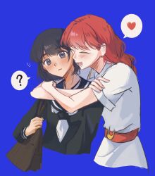  2girls ? arms_around_neck bag black_eyes black_hair black_sailor_collar black_shirt blue_background blush braid commentary dress heart highres hug hug_from_behind lara_(sayonara_lara) long_hair multiple_girls neckerchief ootsu_mari open_mouth parted_lips red_hair sailor_collar sayonara_lara school_bag school_uniform serafuku shirt short_hair simple_background single_braid spoken_heart spoken_question_mark stitched_tongue t0mi_1228 white_dress white_neckerchief yuri 