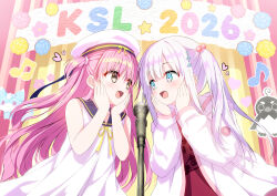 2girls anemoi bird black_bird blue_eyes blue_sailor_collar blunt_bangs blush breasts child commentary_request company_connection cowboy_shot crossover dated dress dress_ribbon eye_contact eyes_visible_through_hair face-to-face floating_hair fox grey_eyes hair_bobbles hair_ornament hands_on_own_cheeks hands_on_own_face hands_up hat hayakawa_honoka heart hood hood_down hooded_jacket inari_(summer_pockets) jacket kamukamu_(benjomeshi_tsuushin) katou_umi key_(company) long_hair long_sleeves looking_at_another medium_breasts microphone multicolored_eyes multiple_girls open_clothes open_jacket pink_eyes pink_hair red_shirt ribbon sailor_collar sailor_dress sailor_hat seabird shirt sidelocks sleeveless sleeveless_dress stage star_(symbol) summer_pockets tsumire_(anemoi) twintails two-tone_eyes two_side_up very_long_hair white_dress white_hair white_hat white_jacket yellow_ribbon 