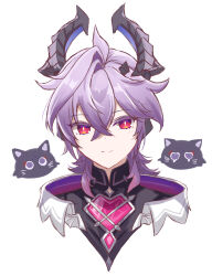  1boy absurdres blunt_ends closed_mouth commentary_request dragon dragon_boy dragon_horns durin_(genshin_impact) genshin_impact hair_between_eyes heart-shaped_gem highres horns looking_at_viewer mako_(cvyt5325) male_focus multicolored_eyes portrait purple_hair purple_rope red_eyes rope scaramouche_(cat)_(genshin_impact) scaramouche_(genshin_impact) short_hair simple_background small_dragon smile two-sided_horns upper_body violet_eyes white_background 