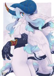  absurdres artist_name blue_horns body_markings bracelet commentary_request curved_horns dragon_tail feathered_wings furry gold_bracelet gold_horn_ring highres horns jewelry long_hair looking_back mochiri_(mochiri_work) signature simple_background solo tail upper_body white_fur wings 