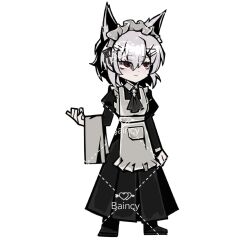 1girl apron ba_yun_qi black_dress chinese_commentary closed_mouth commentary_request dress full_body holding holding_towel juliet_sleeves limbus_company long_sleeves original parody project_moon puffy_sleeves red_eyes short_hair smile solo style_parody towel white_apron white_hair wuthering_heights_(identity)_(project_moon) 